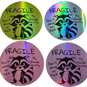 30 XL Holographic Fragile Stickers with Raccoon Design Hand Crafted